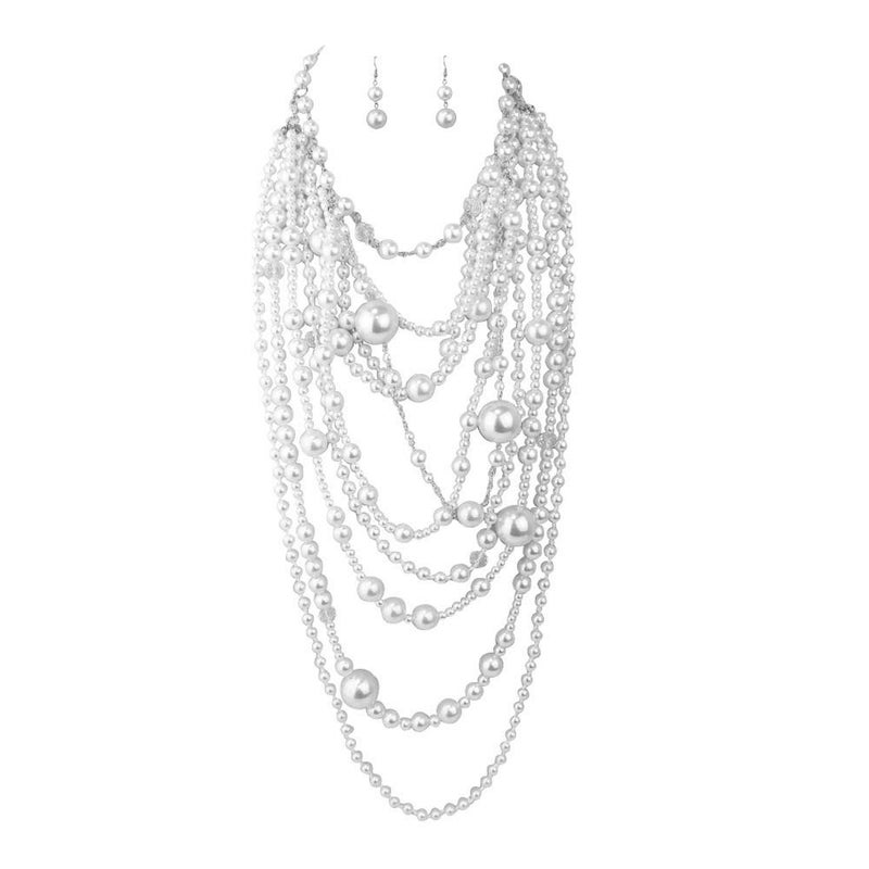 GRACE JUN Multilayer Strand Chain Faux Pearls Flapper Beads Cluster Long Choker Necklace (Silver White Necklace+Pierced Earrings) - Image 1